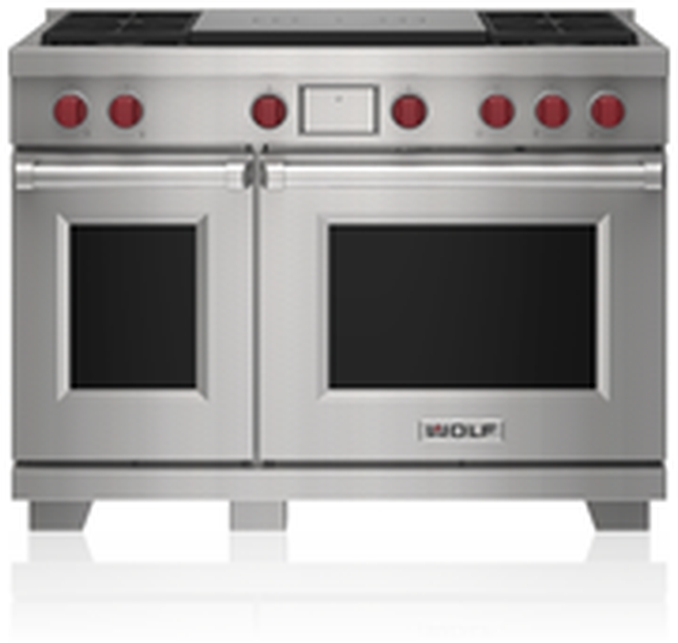 Wolf® 48" Stainless Steel Pro Style Dual Fuel Range and Infrared Charbroiler and Infrared Griddle