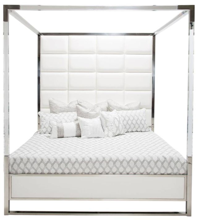 Michael Amini® State St. Glossy White/Stainless Steel California King Canopy Bed-2