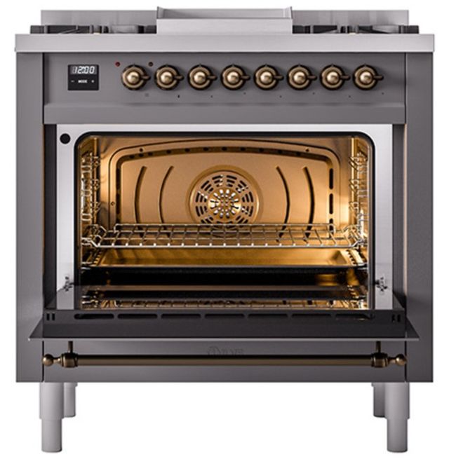 Ilve® Nostalgie II Noblesse 36'' Graphite Matte Pro Style Dual Fuel Range with Burnished Trim-2