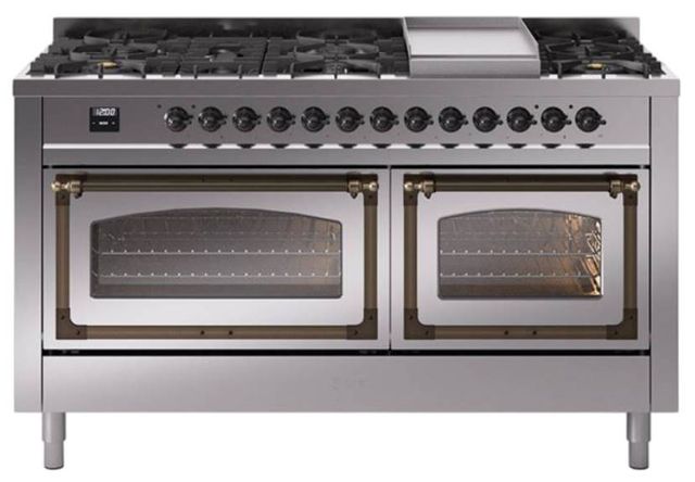 Ilve® Nostalgie II Noblesse 60'' Stainless Steel Pro Style Dual Fuel Range with Burnished Trim-0