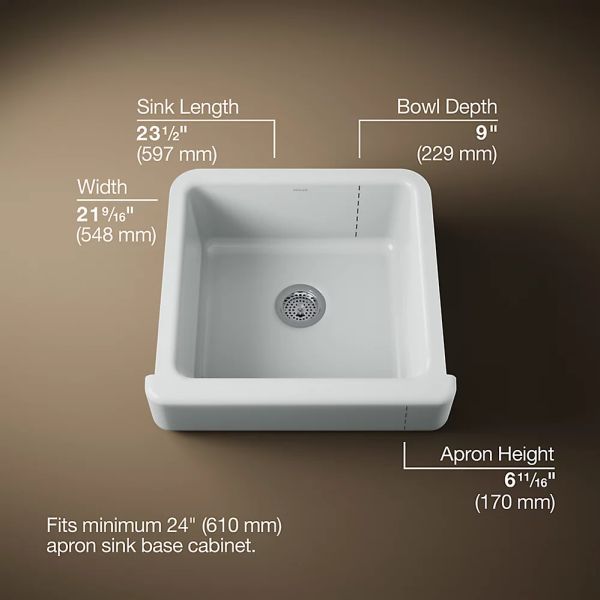 KOHLER® Whitehaven® Ice Gray 24" Undermount Single-Bowl Farmhouse Kitchen Sink with Short Apron-2