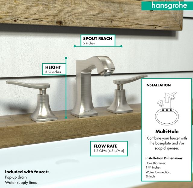 Hansgrohe Metris C Brushed Nickel Widespread Faucet 100 with Pop-Up Drain-2