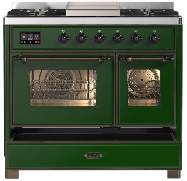 Ilve® Majestic III 40" Emerald Green Pro Style Dual Fuel Natural Gas Range with Triple Glass Door and Burnished Trim-2