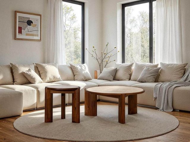LH Home Remix Round Brown Wooden Side Table with Travertine Top-1