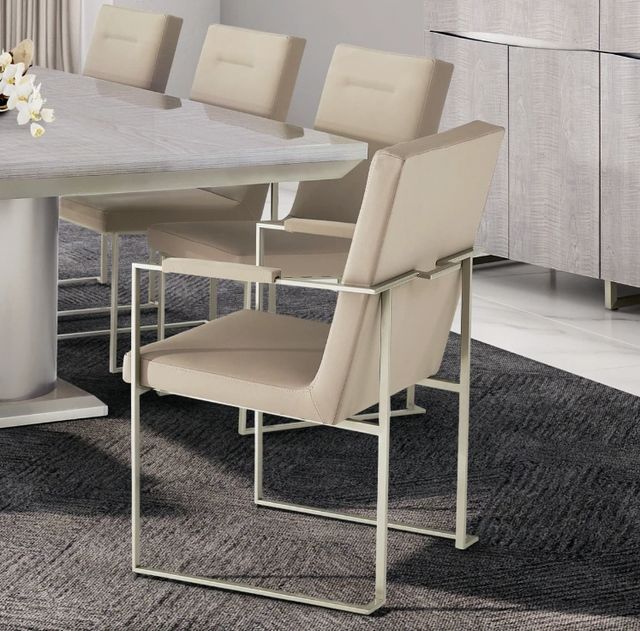 Michael Amini® Marin Brushed Stainless Steel/Greige Dining Arm Chair-1