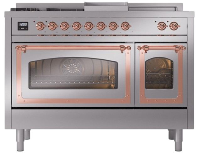 Ilve® Nostalgie II Noblesse 48'' Stainless Steel Pro Style Dual Fuel Range with Copper Trim-1