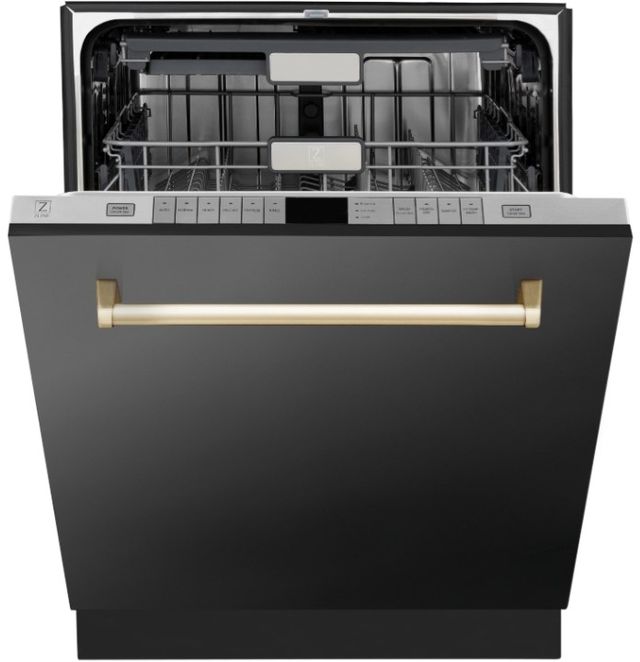 Zline Autograph Edition 24" Black Stainless Steel Third Rack Top Touch Control Tall Tub Built-In Dishwasher with Polished Gold Handle-2