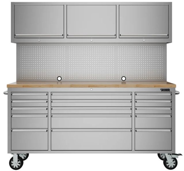 Thor Kitchen® 72" Stainless Steel 15-Drawer Tool Chest with Upper Cabinet and Pegboard-1