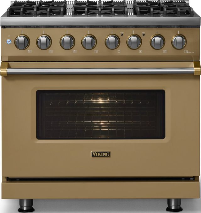 Viking® 5 Series 36" Golden Hour Pro Style Dual Fuel (NG) Range with Brushed Brass Trim-2