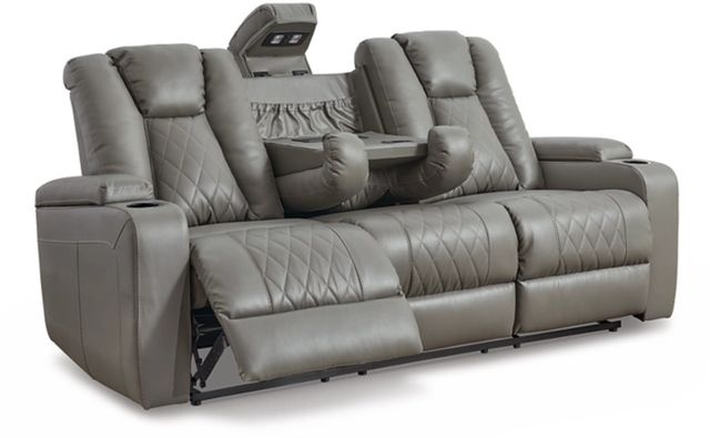 Signature Design by Ashley® Mancin Gray Reclining Sofa with Drop Down Table-1