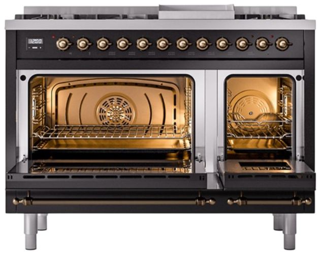 Ilve® Nostalgie II Noblesse 48'' Glossy Black Pro Style Dual Fuel Range with Burnished Trim-1