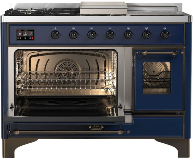 Ilve® Majestic III 48" Midnight Blue Pro Style Dual Fuel Natural Gas Range with 5 Black Brass Burners and Burnished Trim-2