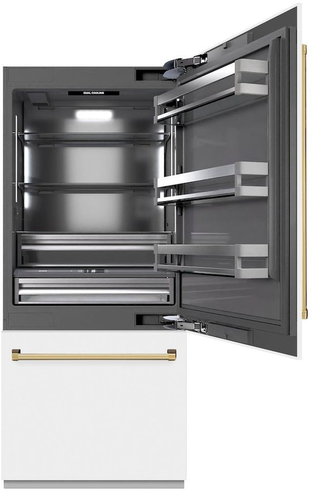 ZLINE Autograph Edition 36" 19.8 Cu. Ft. White Matte Built-In Bottom Freezer Refrigerator with Water Dispenser, Ice Maker, Graphite Gray Interior, and Polished Gold Accents-3