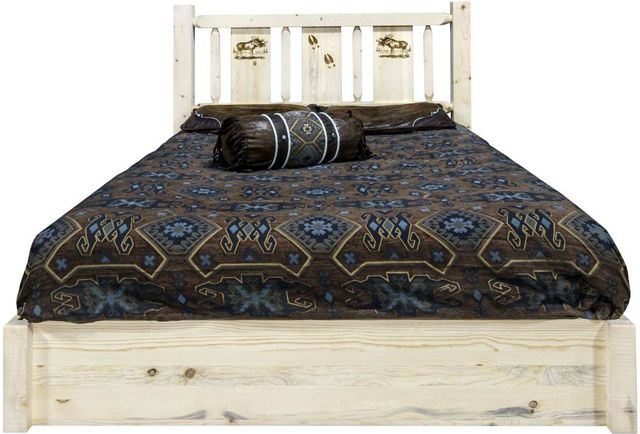 Montana Woodworks® Homestead Clear Lacquer Queen Platform Storage Bed with Laser Engraved Moose Design-1