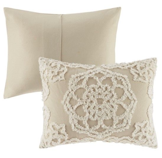 Olliix by Madison Park Laetitia Taupe King/California King Tufted Cotton Chenille Medallion Fringe Coverlet Mini Set-1