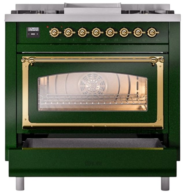 Ilve® Nostalgie II Noblesse 36'' Emerald Green Pro Style Dual Fuel Range with Brass Trim-3