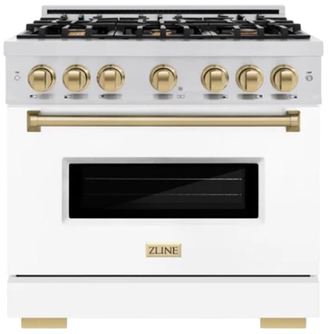 ZLINE Classic Autograph Edition 36" Stainless Steel Pro Style Gas Range with White Matte Door and Polished Gold Accents-0
