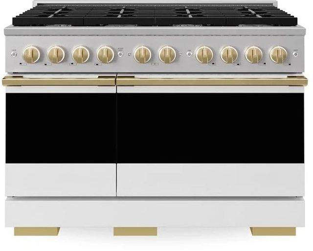 ZLINE Marino 48" Stainless Steel Pro Style Gas Range with White Matte Door and Polished Gold Accents-0
