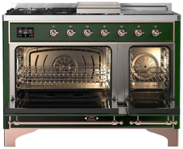 Ilve® Majestic III 48" Emerald Green Pro Style Dual Fuel Liquid Propane Range with French Top and Copper Trim-1