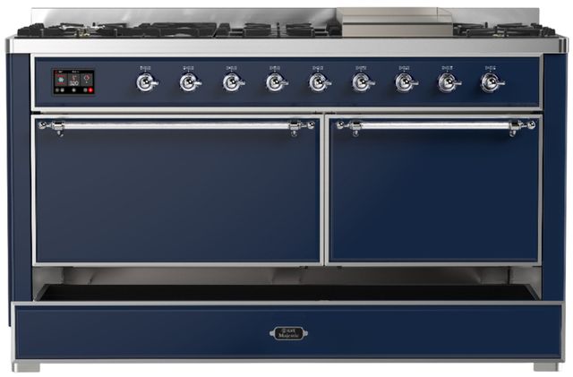 Ilve® Majestic III 60" Midnight Blue Pro Style Dual Fuel Liquid Propane Range with Solid Door and Chrome Trim-1