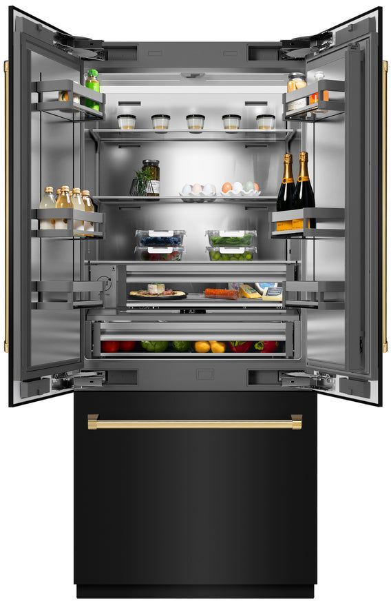 ZLINE Autograph Edition 36" 19.6 Cu. Ft. Black Stainless Steel Built-In French Door Refrigerator with Polished Gold Accents-3