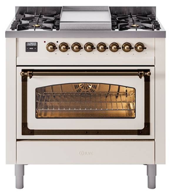 Ilve® Nostalgie II Noblesse 36'' Antique White Pro Style Dual Fuel Range with Burnished Trim-0