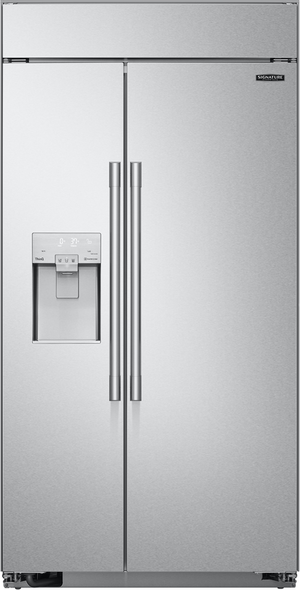 Front view of the Signature Kitchen Suite 42 in. 25.6 Cu. Ft. Stainless Steel Built In Counter Depth Side-By-Side Refrigerator