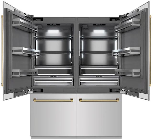 ZLINE Autograph Edition 60" 32.2 Cu. Ft. Stainless Steel with Graphite Gray Interior and Polished Gold Helix Handles French Door Built-In Bottom Freezer Refrigerator with Water Dispenser and Ice Maker -1