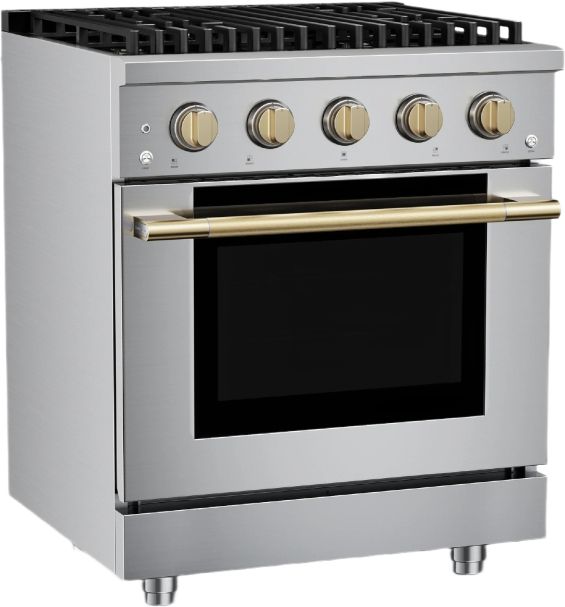 Hauslane HausPro Range 30" Stainless Steel Pro-Style Gas Range with Satin Brass Knobs-3