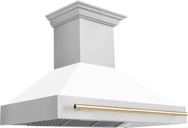 ZLINE Autograph Edition 48" Stainless Steel Wall Mounted Range Hood with White Matte Shell and Polished Gold Handle-3