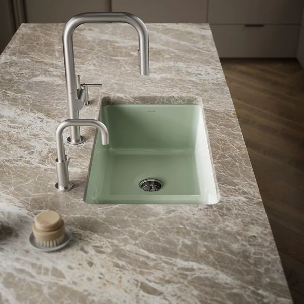 KOHLER® Iron/Tones® Aspen Green Smart Divide® 33" Top/Undermount Double Offset Bowl Kitchen Sink-2