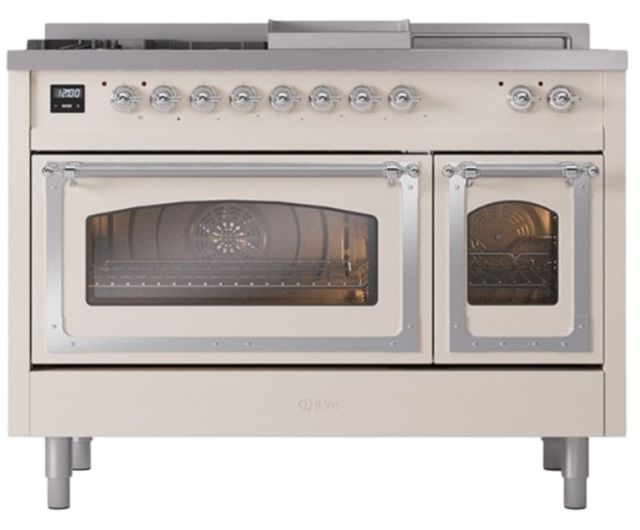 Ilve® Nostalgie II Noblesse 48'' Antique White Pro Style Dual Fuel Range with Chrome Trim-1