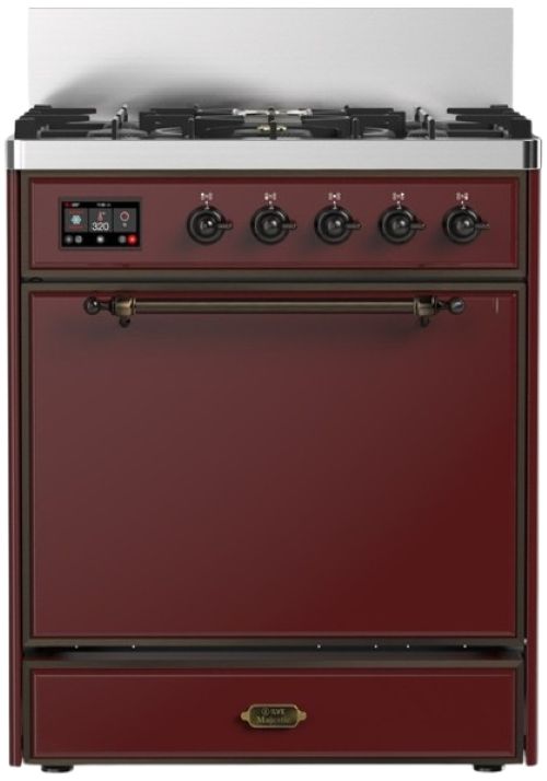 Ilve® Majestic III 30" Burgundy Pro Style Dual Fuel Natural Gas Range with 5 Black Brass Burners and Burnished Trim-0