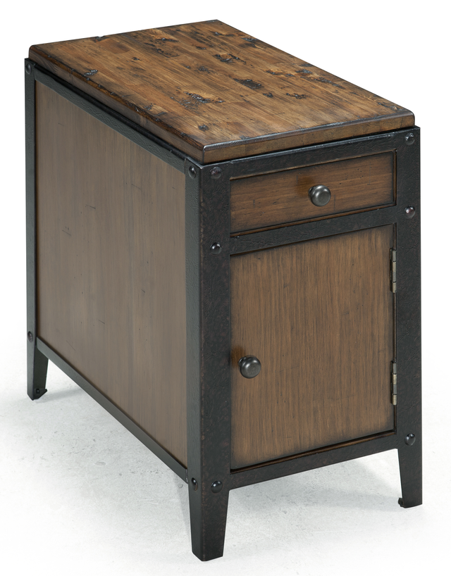 Magnussen Home® Pinebrook Distressed Natural Pine Chairside Door End Table with Black Metal Frame-0