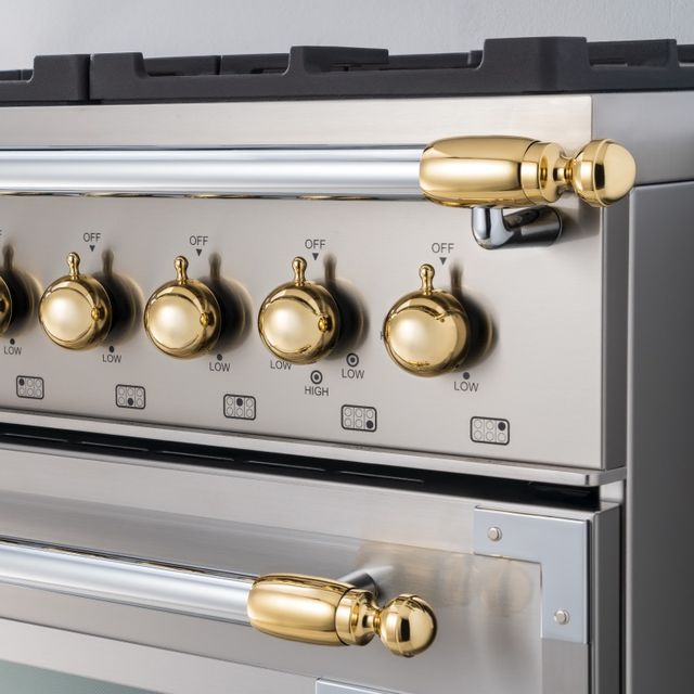 Bertazzoni Collezione Metalli Heritage Series Gold Range and Hood Decor Set-0