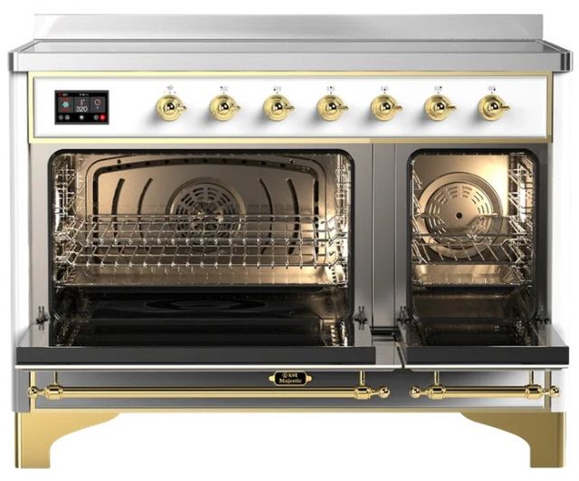 Ilve® Majestic III 48" White Pro Style Induction Range with Solid Door and Brass Trim-1