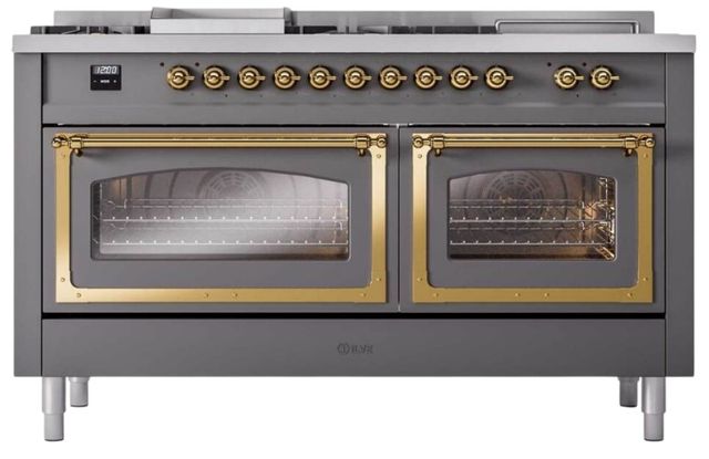 Ilve® Nostalgie II Noblesse 60'' Graphite Matte Pro Style Dual Fuel Range with Brass Trim-1