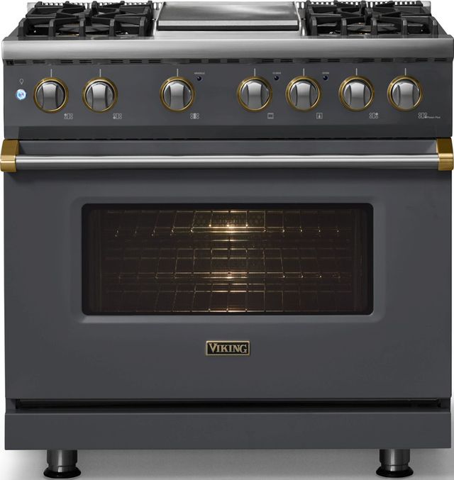 Viking® 5 Series 36" Cast Black Pro Style Dual Fuel (NG) Range with Brushed Brass Trim-2