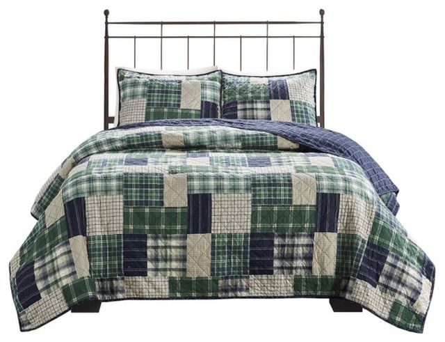 Olliix by Madison Park Timber 3 Piece Green and Navy King/California King Reversible Printed Coverlet Set-0
