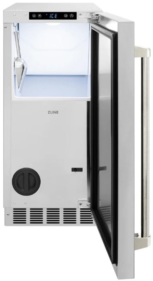 ZLINE Autograph Edition Touchstone 15" 75 lbs. Stainless Steel Door with Polished Nickel Helix Handle Clear Cube Ice Maker with Drain Pump -2