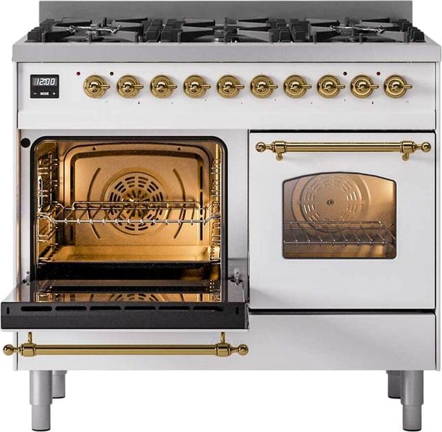 Ilve® Nostalgie II 40" White Pro Style Dual Fuel Range with Brass Trim-2