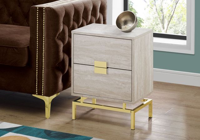 Monarch Specialties Inc. Beige Marble 24"H Two Drawers Accent Table with Gold Metal Base-1
