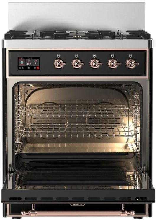 Ilve® Majestic III 30" Glossy Black Pro Style Dual Fuel Liquid Propane Range with Triple Glass Door and Copper Trim-2