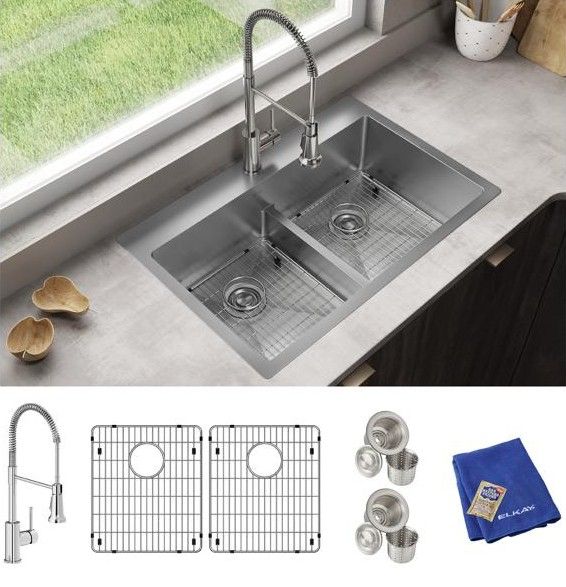 Elkay Crosstown® Polished Satin 33" 1-Hole Equal Double Bowl Dual Mount Sink Kit-2