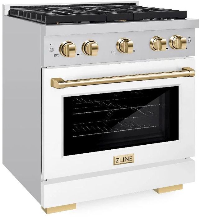 ZLINE Autograph Edition Paramount 30" Stainless Steel Pro Style Dual Fuel Range with White Matte Door and Polished Gold Accents-2
