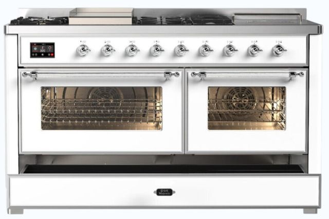 Ilve® Majestic III 60" White Pro Style Dual Fuel Natural Gas Range with French Top and Chrome Trim-2