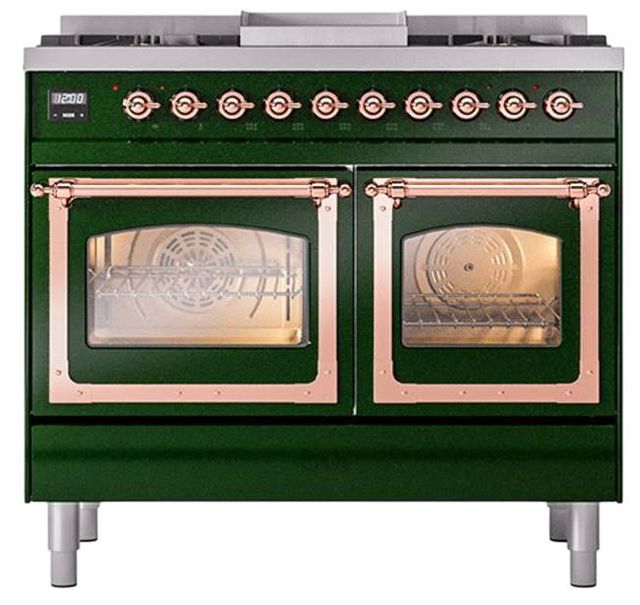 Ilve® Nostalgie II Noblesse 40'' Emerald Green Pro Style Dual Fuel Range with Copper Trim-1