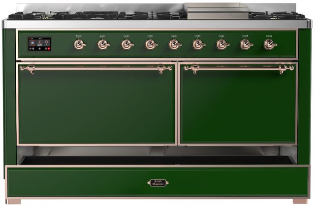 Ilve® Majestic III 60" Emerald Green Pro Style Dual Fuel Natural Gas Range with Solid Door and Copper Trim-1