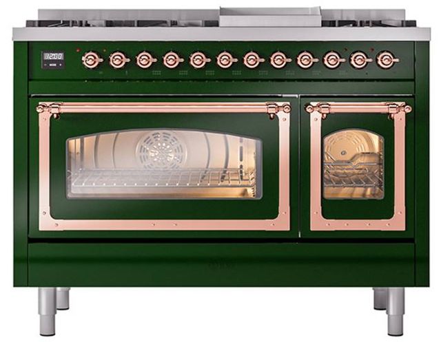 Ilve® Nostalgie II Noblesse 48'' Emerald Green Pro Style Dual Fuel Range with Copper Trim-1