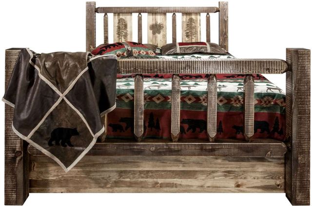 Montana Woodworks® Homestead Stain & Clear Lacquer Twin Storage Bed with Laser Engraved Pine Design-1